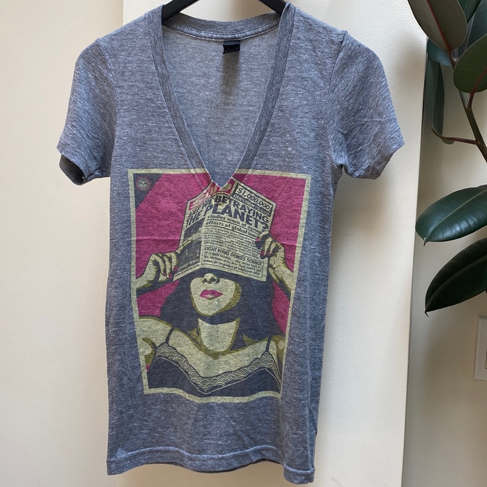 Obey Gray Graphic Tee with Pink and Yellow Accents